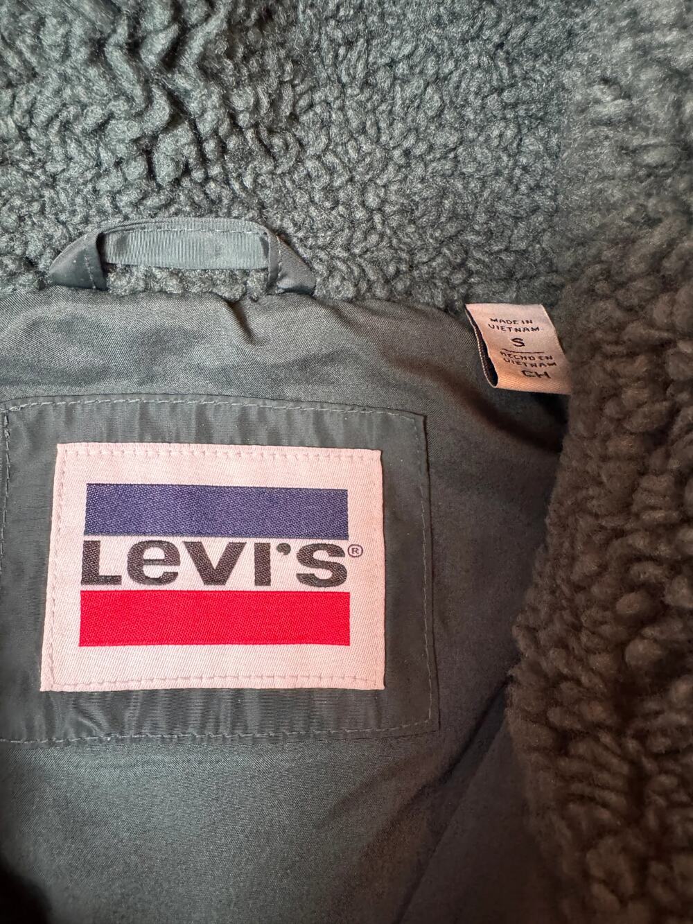 Levi's Dark Teal Sherpa Fleece Jacket Full Zip Mock Neck Ribbed Cuffs - Picture 2 of 10
